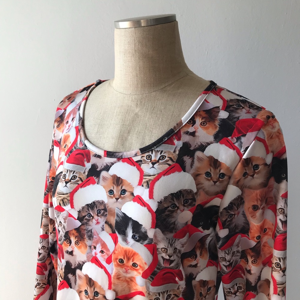 Tipsy Elves Holiday Santa Cat Print Christmas Dress, Sz L
